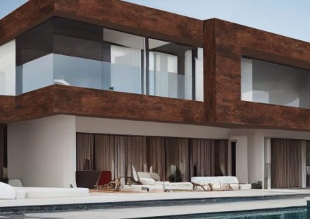 Luxury pool villa spectacular contemporary design digital art real estate , home, house and property, Generative AI illustration.